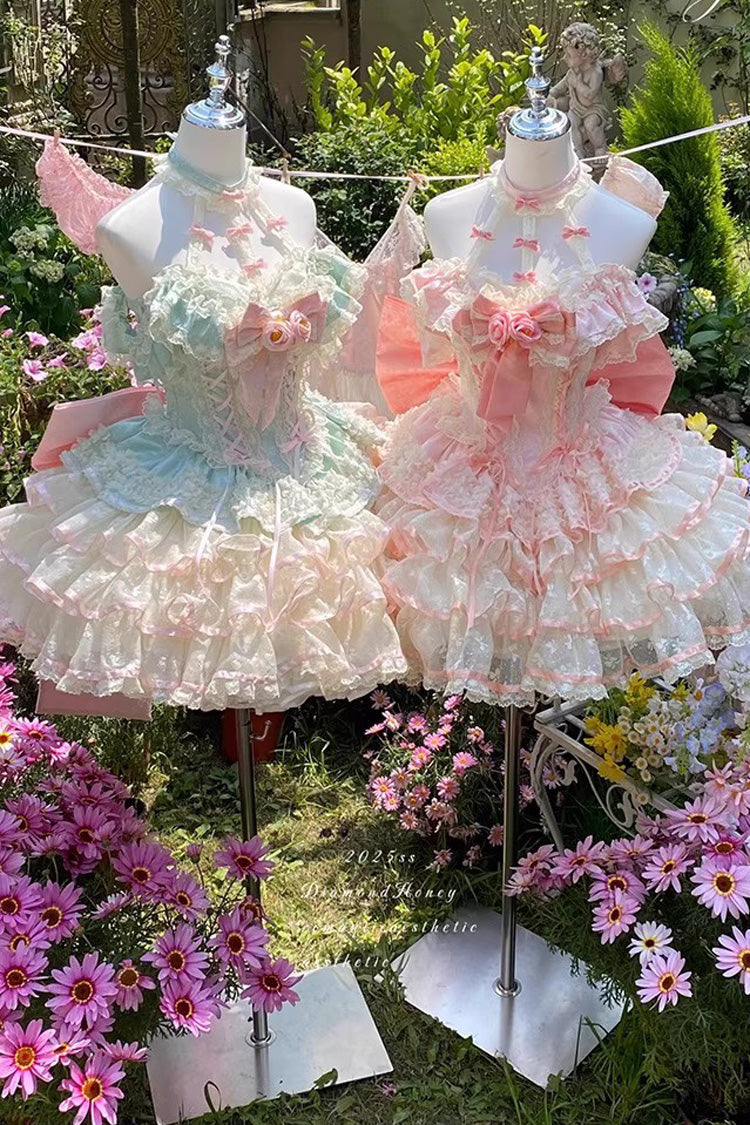 Pink Flower Language of Eros Halterneck Multi-Layered Ruffle Bowknot Rose Lace Lace-Up Sweet Ballet Lolita Jsk Dress