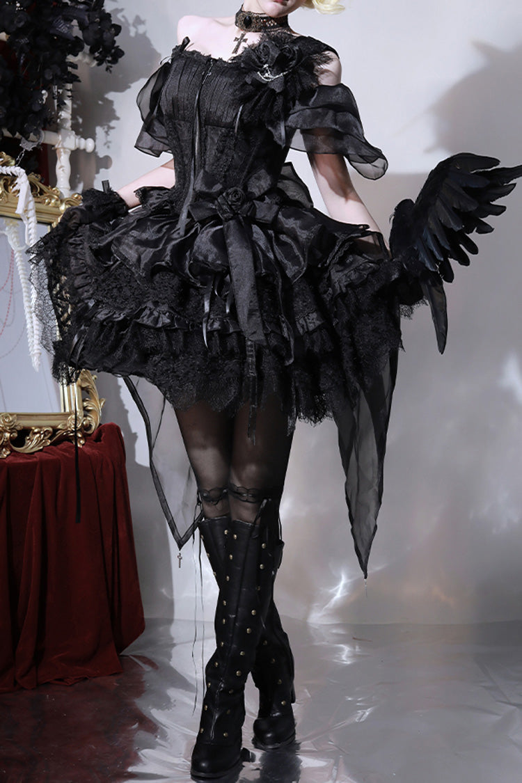 Black Rose Memoirs Sleeveless Multi-Layered Bowknot Lace Gothic Lolita Skirt Set