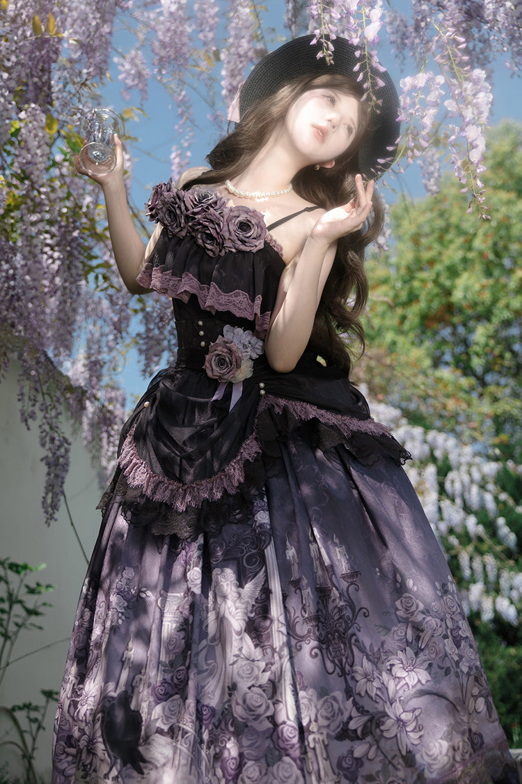 Black/Purple Angel Garden Sleeveless Print Ruffle Bowknot Lace Sweet Gothic Lolita Skirt Set