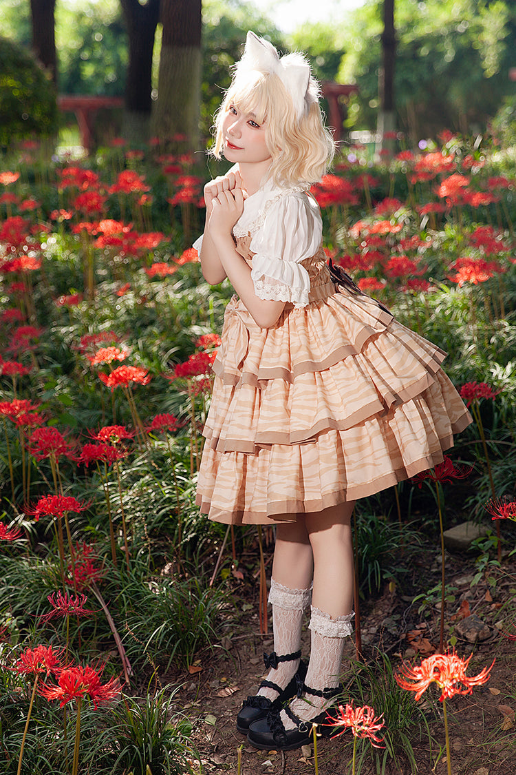 Apricot Cloth Cat Triple-Layered Print Ruffle Bowknot Sweet Lolita Dress