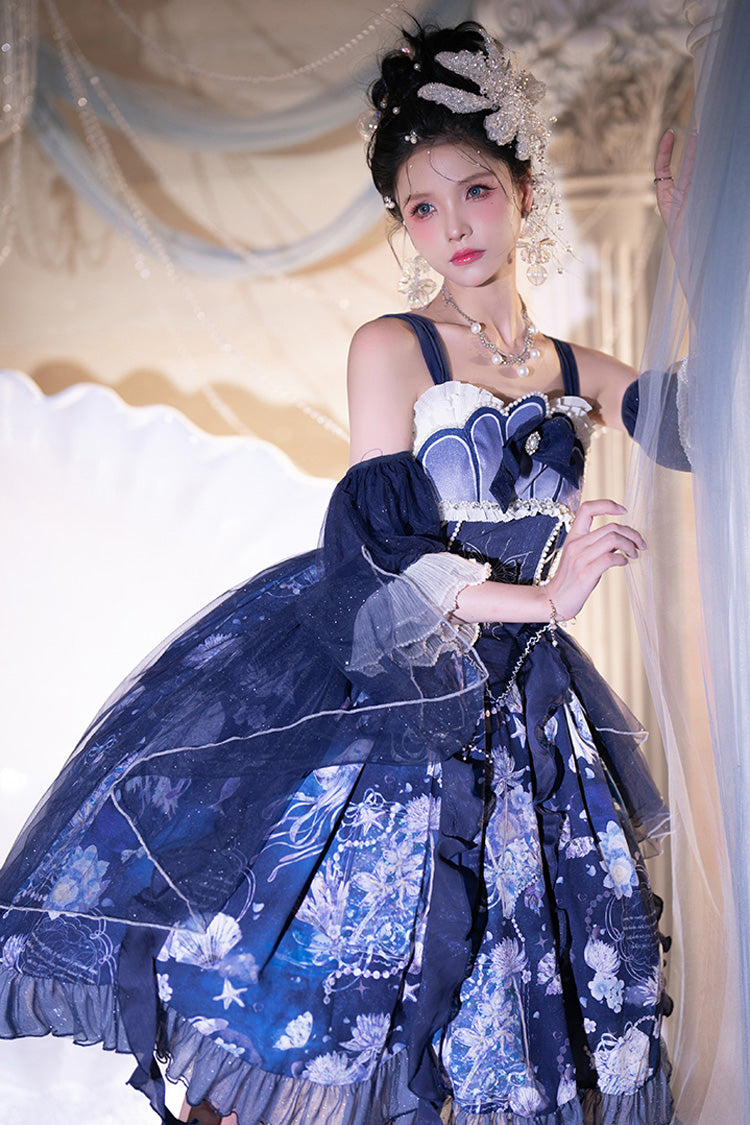 Blue Deep Sea Jellyfish Print Ruffle Lace Sweet Elegant Lolita Jsk Dress