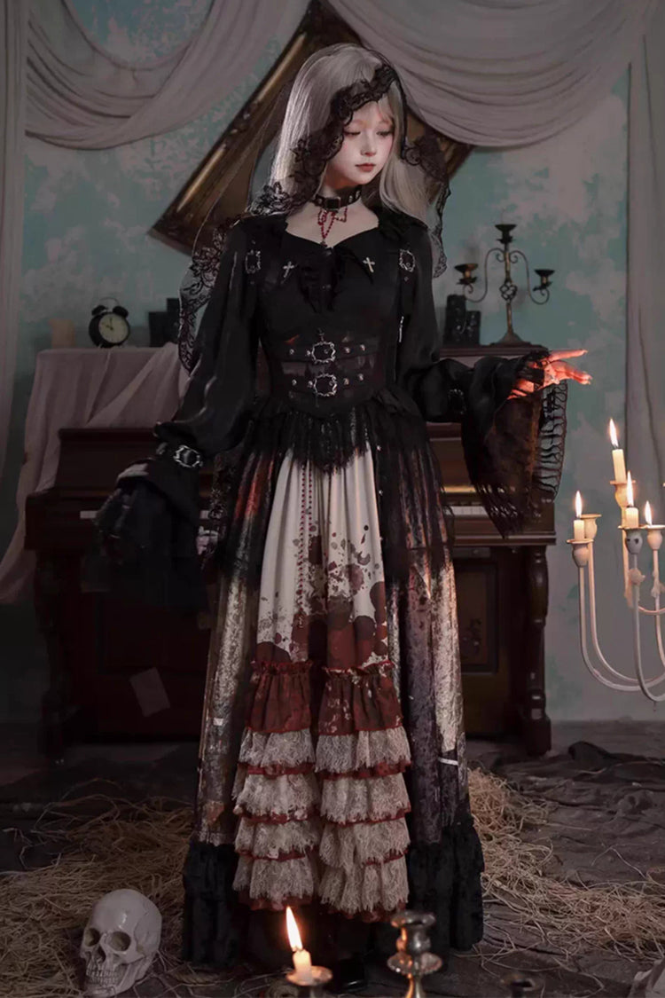 Heretical Nun Sleeveless Multi-Layered Printed Ruffled Open-Front Gothic Plus Size Lolita Strap Dress Long Version 2 Colors
