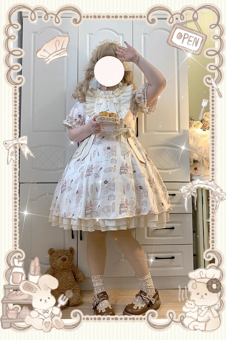 Ivory Short Puff Sleeves Print Ruffle Bowknot Plus Size Princess Lolita Dress