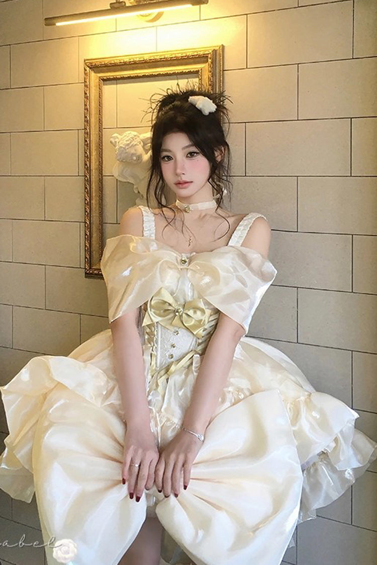 Gold Proxima Centauri Off Shoulder Ruffle Bowknot Sweet Princess Lolita Dress
