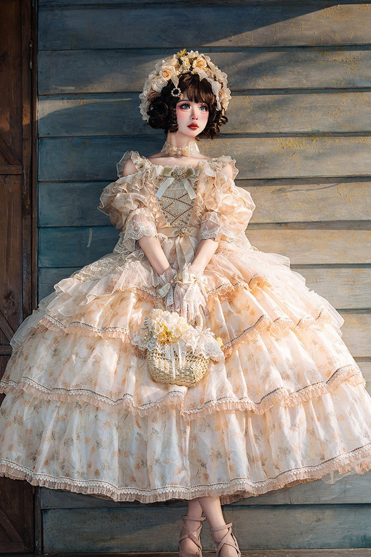 Yellow Rose Letter Off Shoulder Triple-Layered Print Ruffle Hanayome Sweet Princess Lolita Dress