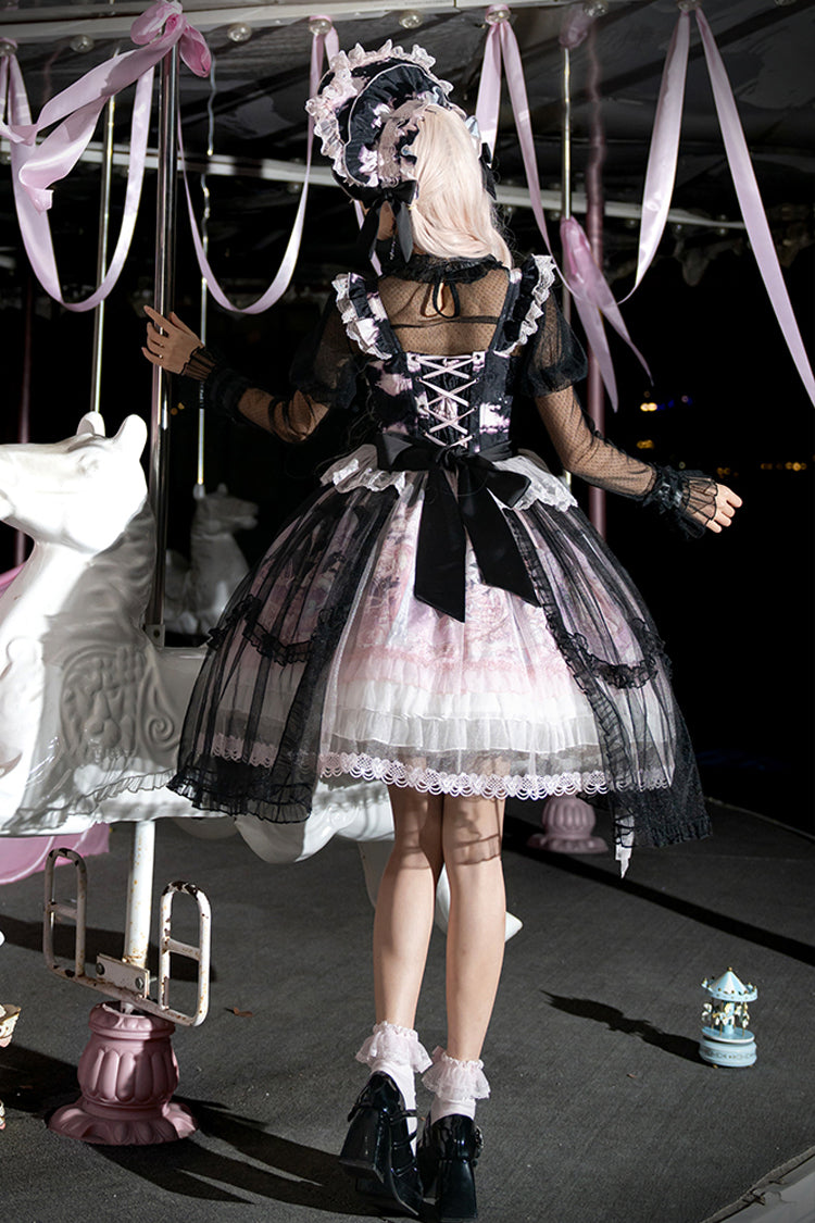 Black/Pink Pegasus Park Multi-Layered Print Ruffle Bowknot Lace Sweet Gorgeous Lolita Jsk Dress