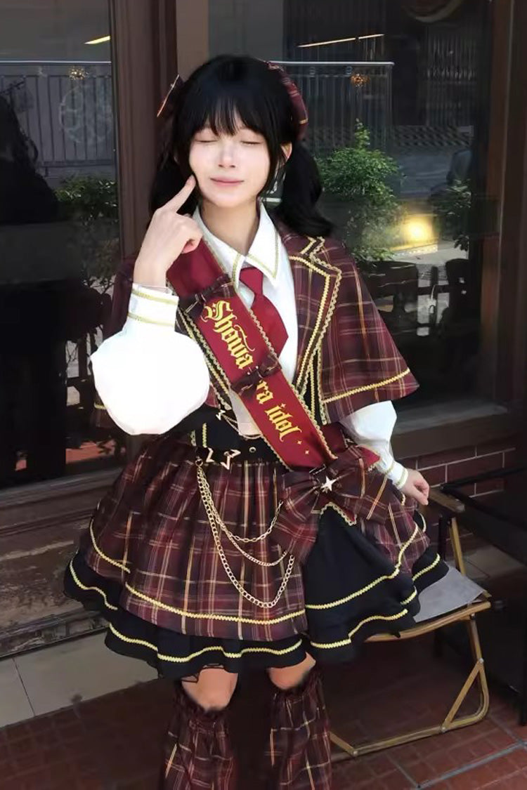 Red Shōwa Little Idol Lapel Collar Long Sleeves Ruffled Open-Front Bow Asymmetric Classic Lolita Skirt Set