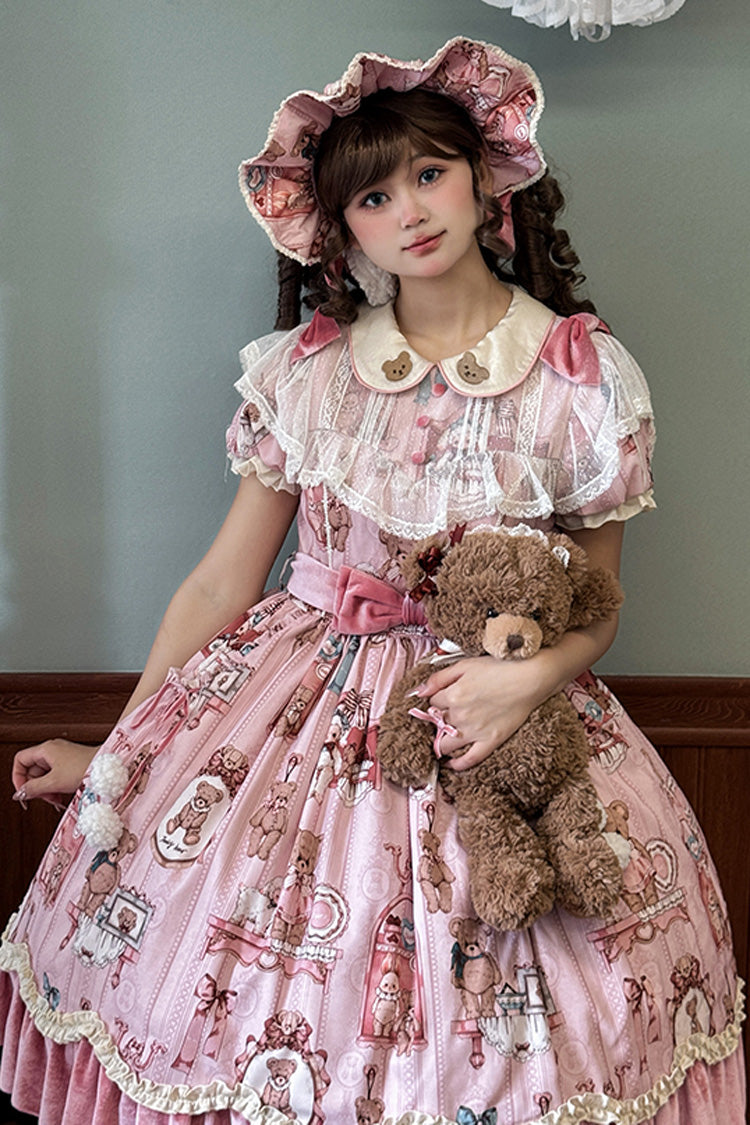 Pink Bear Doll Wall Print Short Sleeves Ruffle Embroidery Bowknot Sweet Lolita Dress