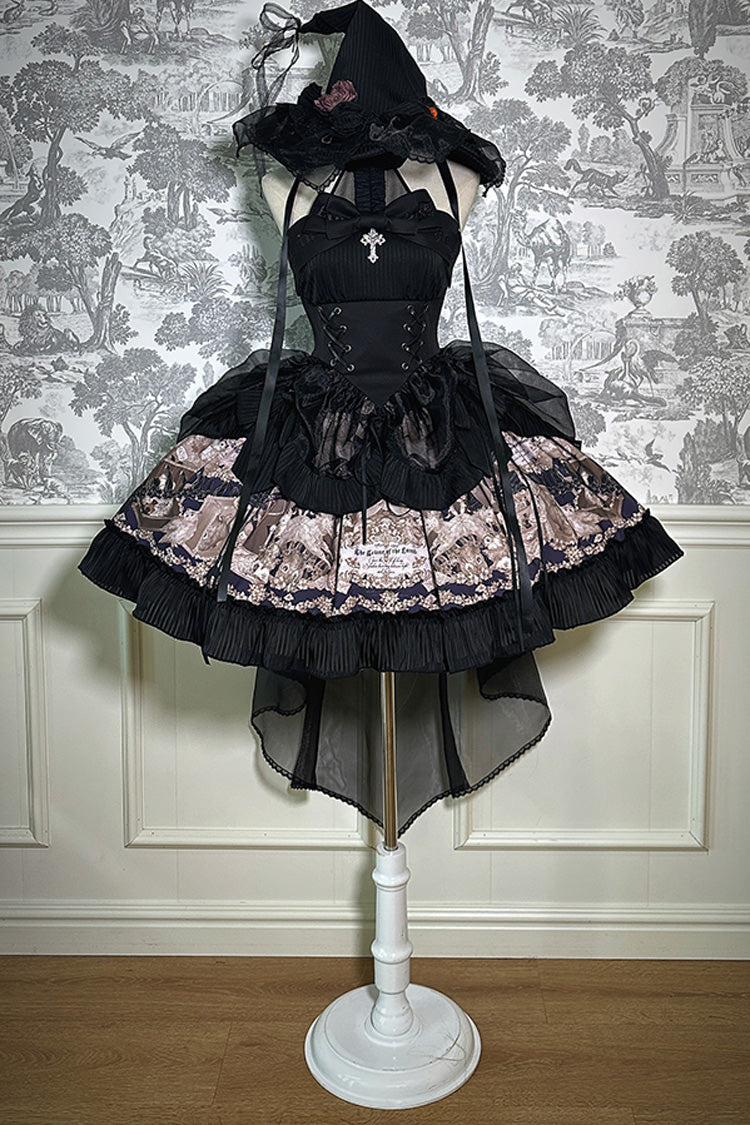 Black The Mystery of The Doll Halterneck Print Ruffle Bowknot Drawstring Gothic Lolita Dress
