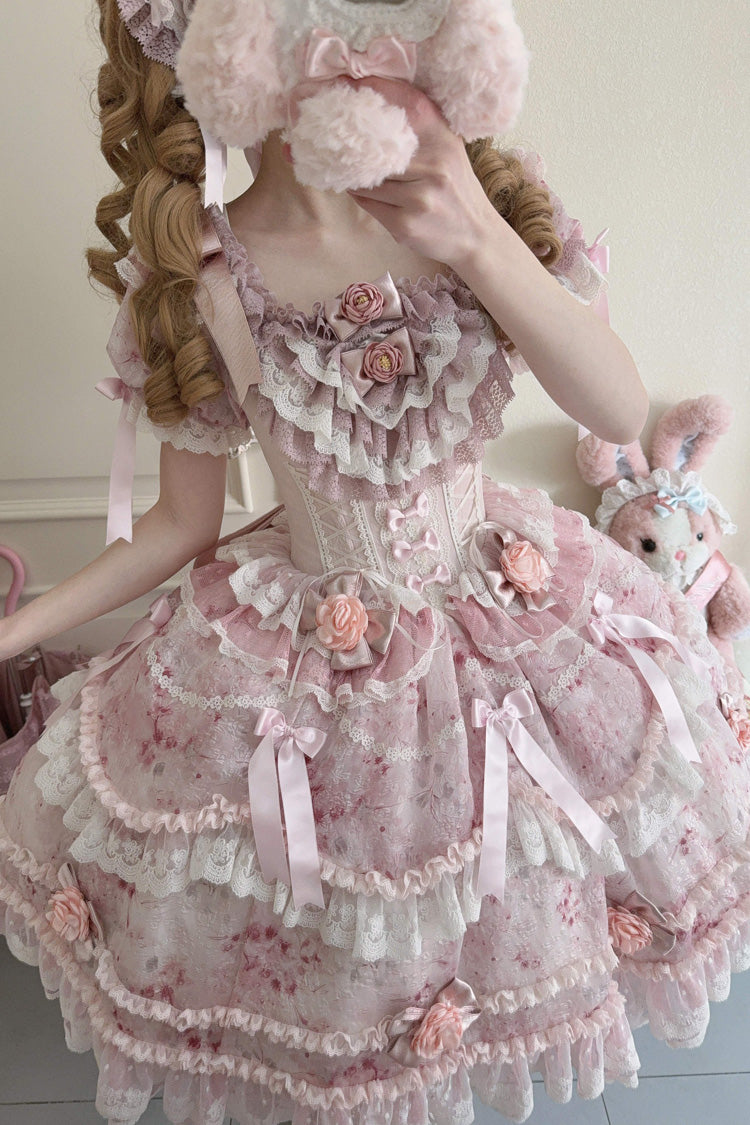 Pink Rose Manor Short Puff Sleeves Ruffle Bowknot Lace Sweet Japanese Princess Lolita Dress