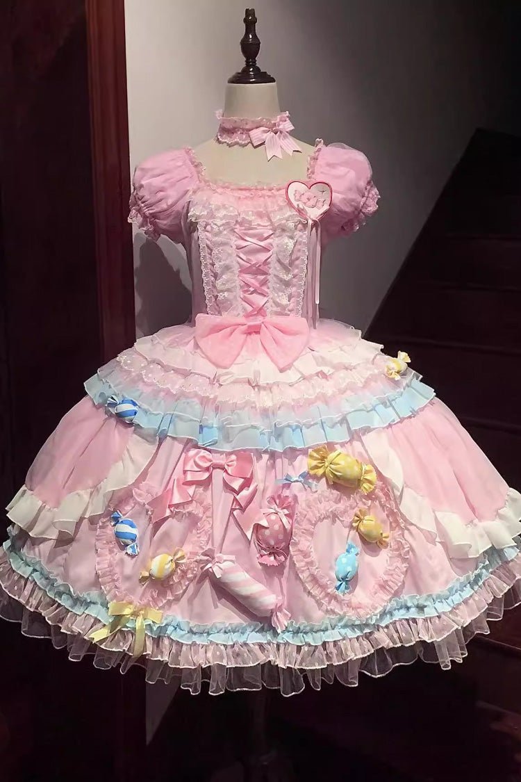 Pink Candy Party Short Sleeves Multi-Layered Ruffled Bow Lace Lace-Up Sweet Lolita Dress