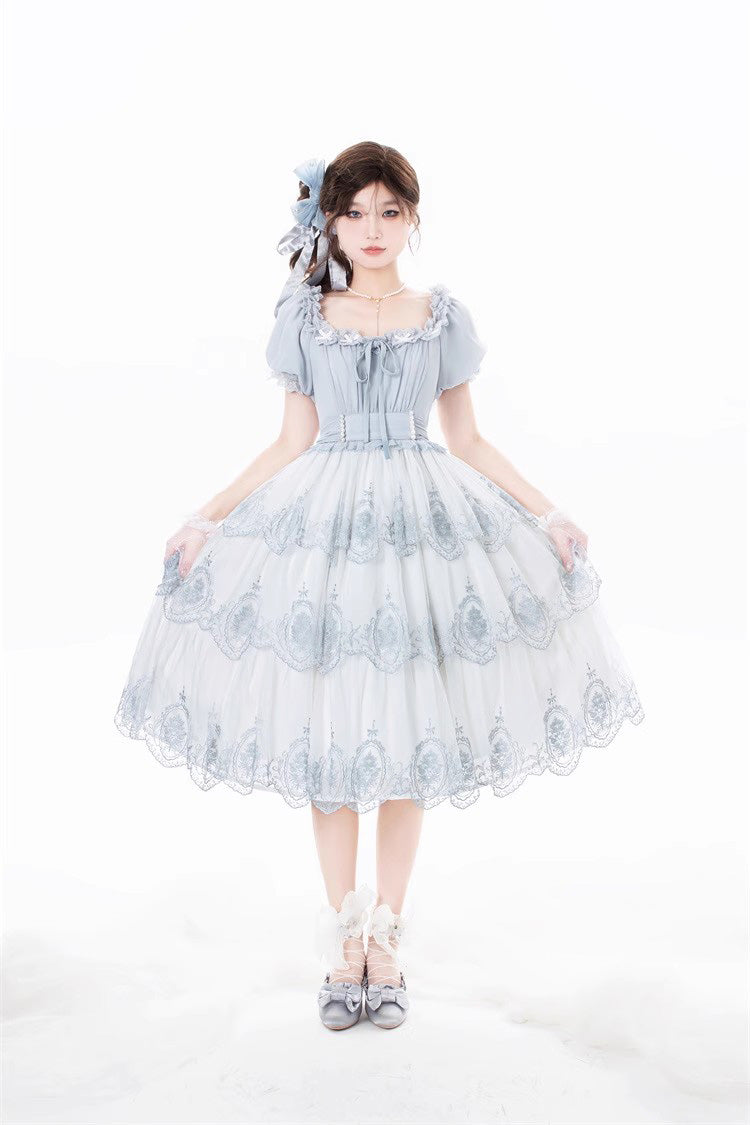 Light Blue Flower Promise Short Sleeves Multi-layer Print Sweet Elegant Princess Lolita Dress