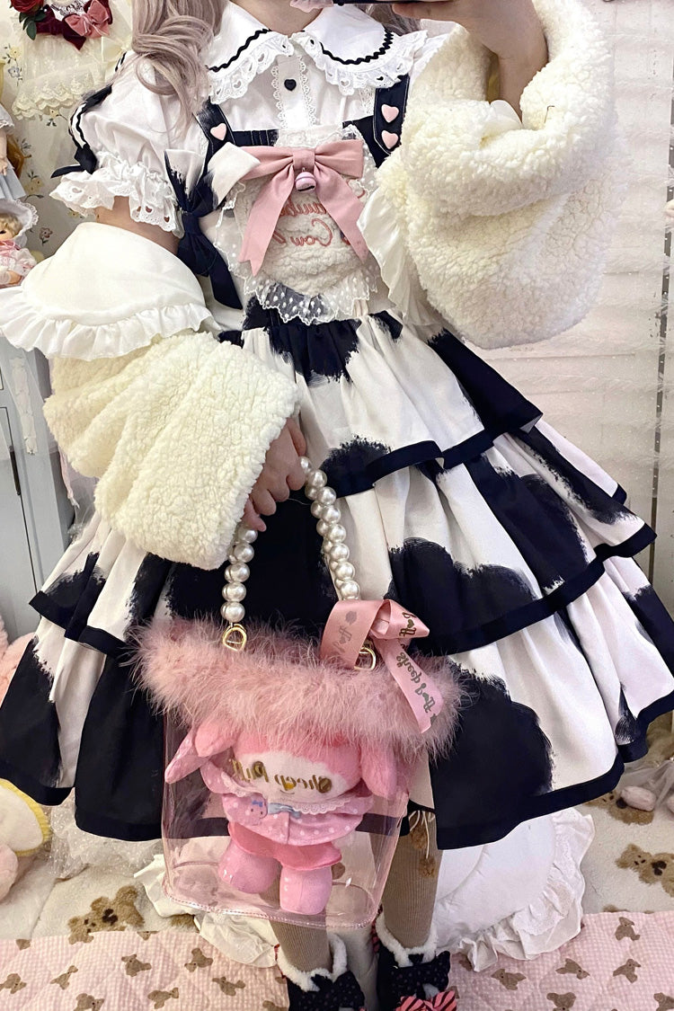 Black Sleeveless Triple-Layered Cow Print Ruffle Bowknot Sweet Lolita Jsk Dress