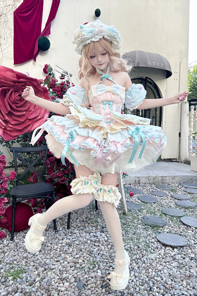 Multi-Color Ribbon Dance Multi-Layered Ruffle Bowknot Lace-Up Sweet Princess Lolita Dress