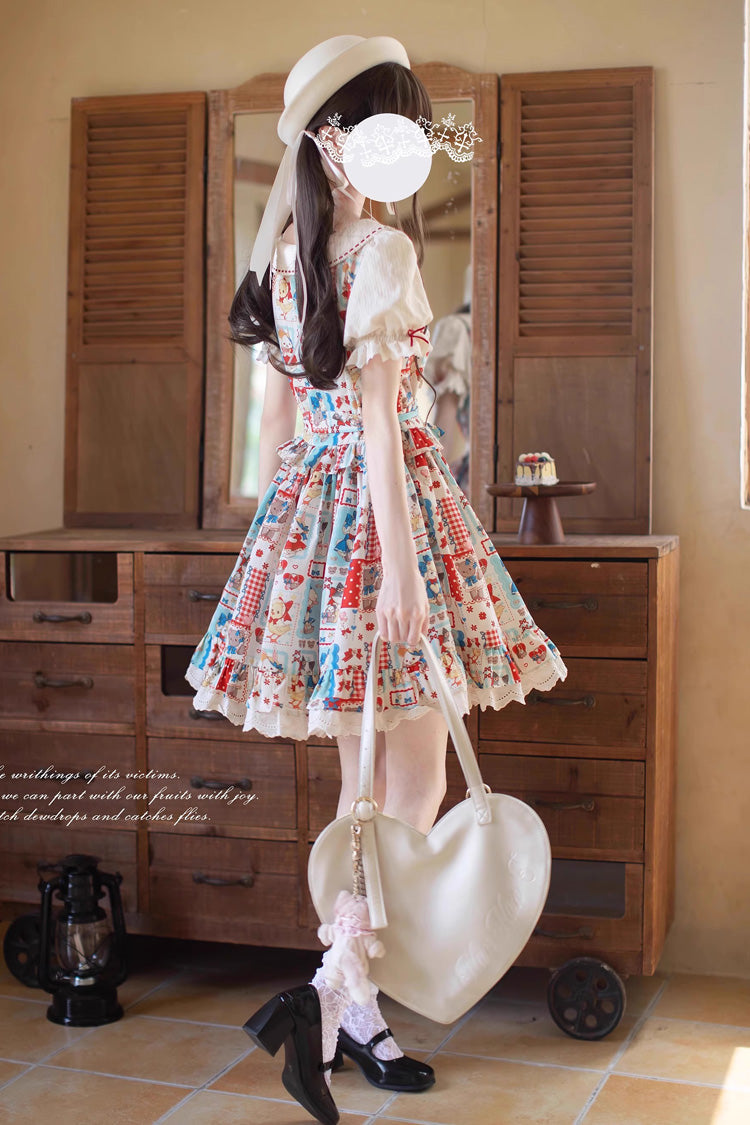 Multi-Color Linlang Painting Shop Short Sleeves Print Ruffle Bowknot Lace Sweet Vintage Lolita Dress