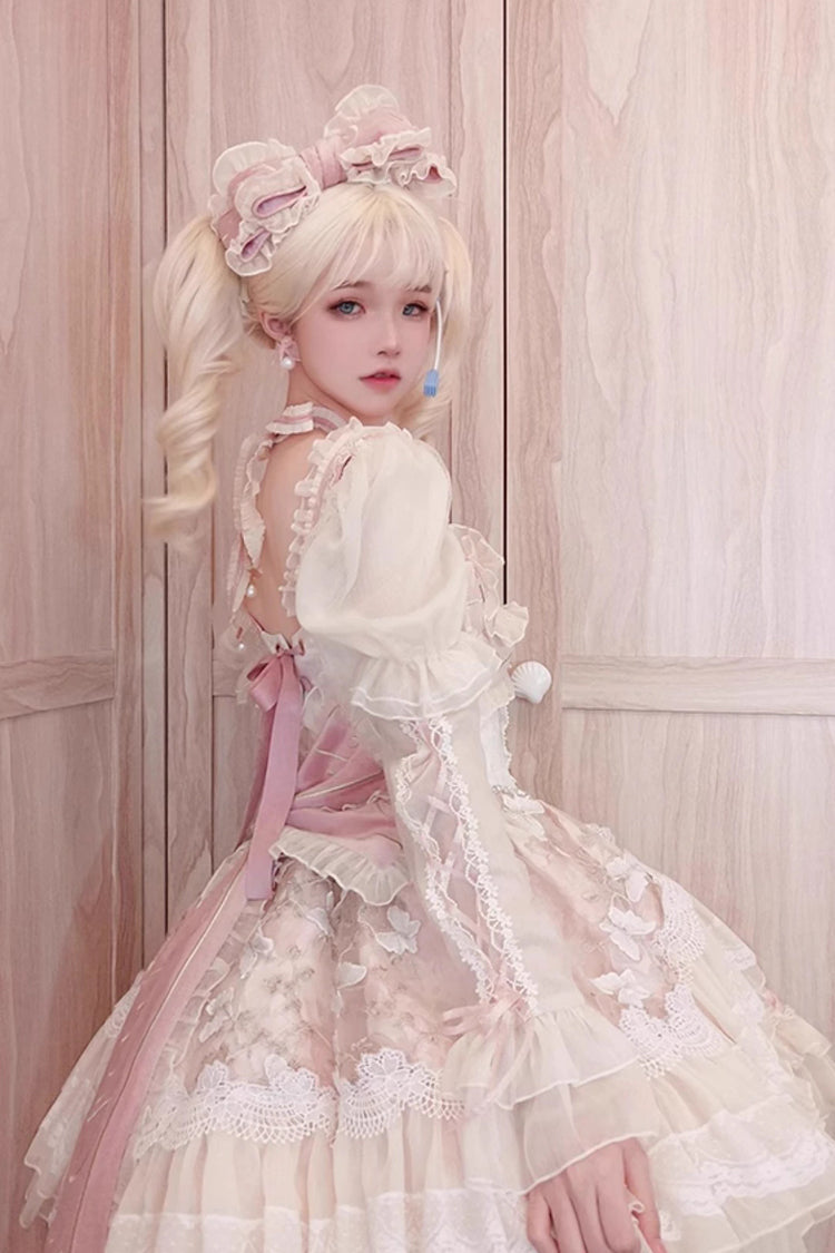 Pink Lilibet Print Ruffle Cardigan Bowknot Lace Fishbone Sweet Lolita Dress