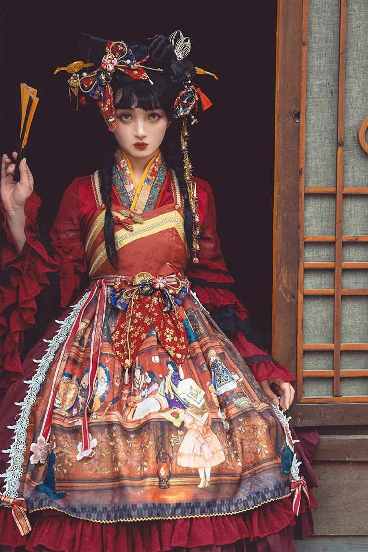 Multi-Color Nightmare Print Japanese Ruffle Bowknot Sweet Lolita Jsk Dress