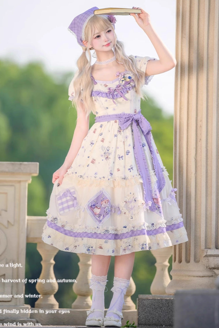 Purple/Ivory Blueberry Pie Print Short Sleeves Ruffle Bowknot Sweet Lolita Dress