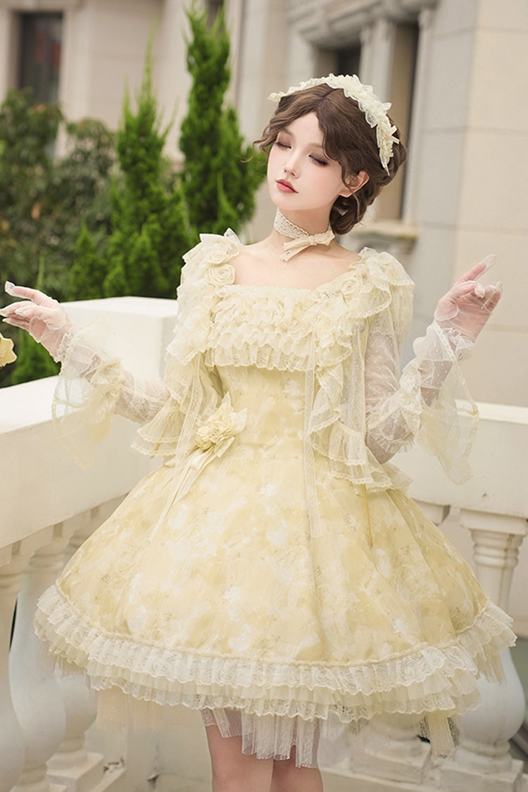 Yellow Falling Flowers as a Message Square Collar Flying Sleeves Print Ruffle Lace Sweet Elegant Lolita Short Dress