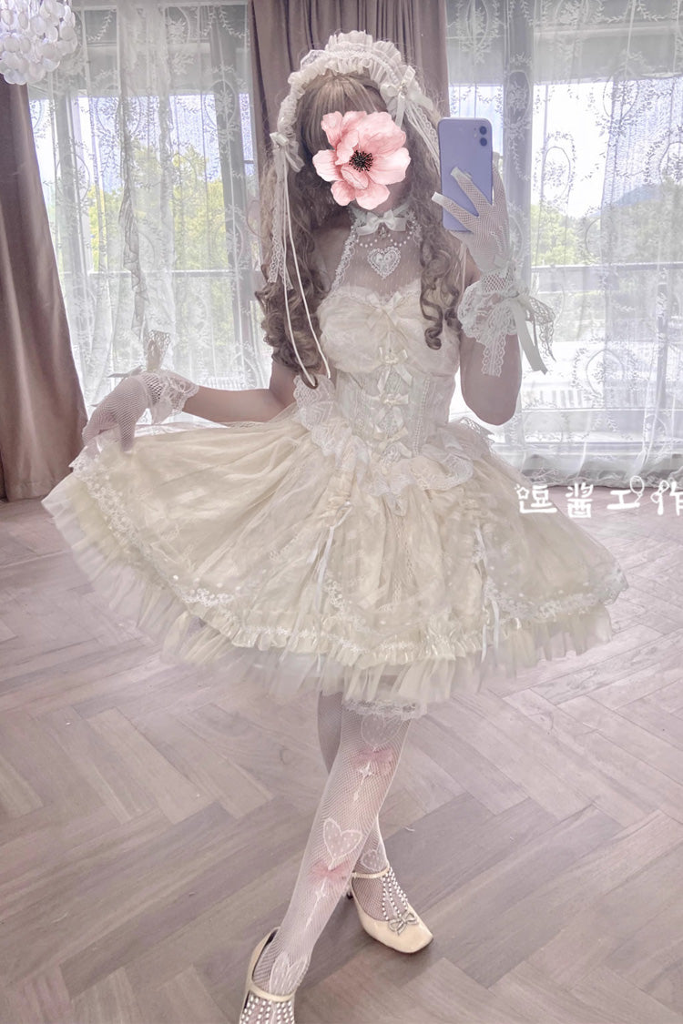 Ivory Ballet Dream Halterneck Ruffle Bowknot Lace Mesh Sweet Lolita Dress