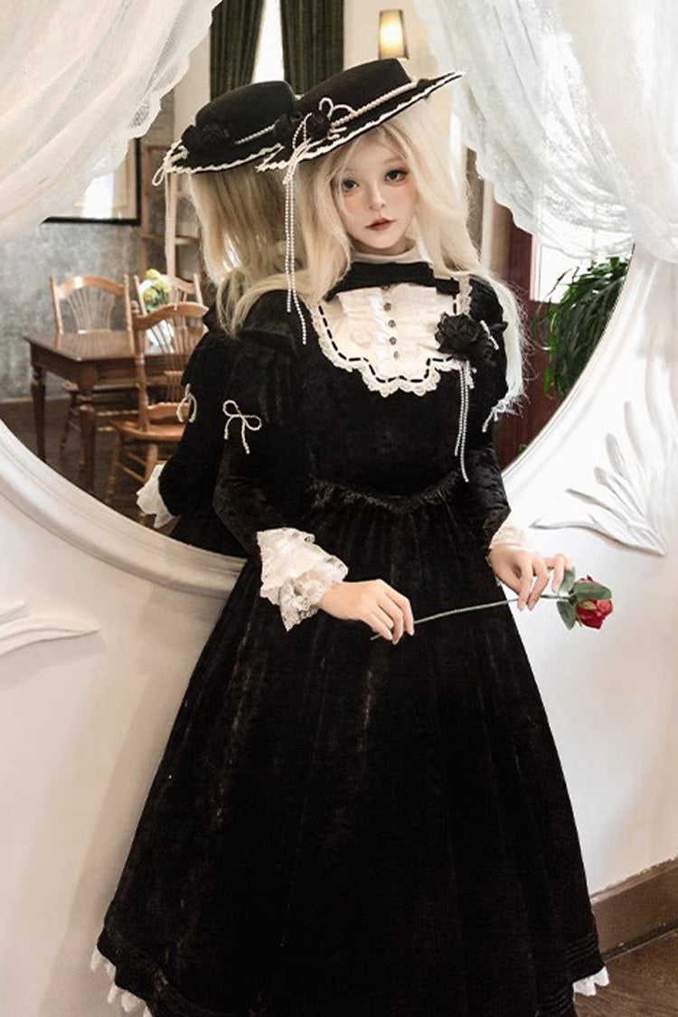 Black Whispering Castle Long Sleeves Ruffle Bowknot Lace Gothic Lolita Dress