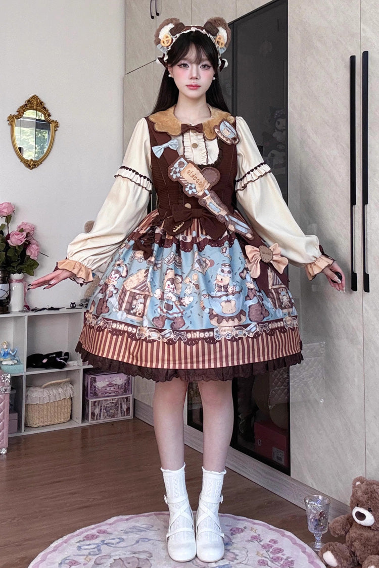 Bear Cookies Print Ruffle Bowknot Sweet Lolita JSK Dress 2 Colors