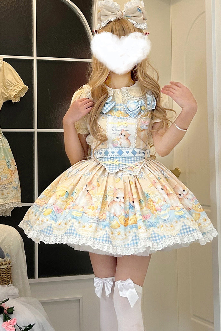 Yellow Pineapple Cat Print Sleeveless Bowknot Lace Sweet Lolita Strap Dress