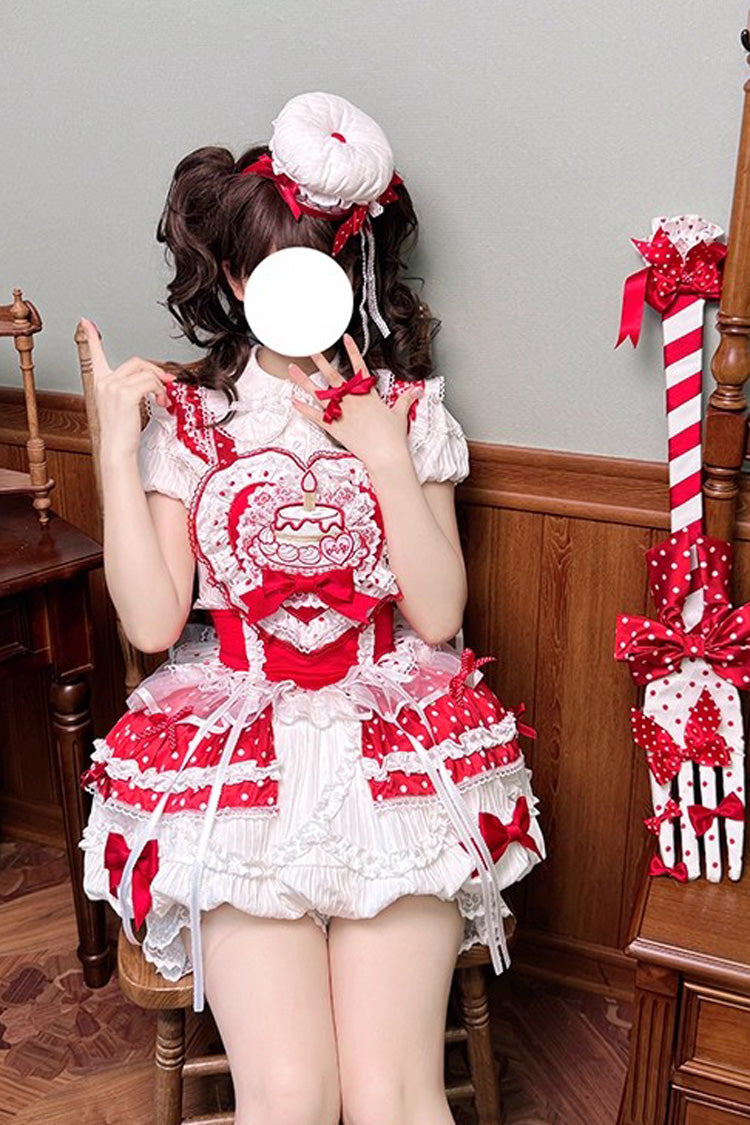 Red/White Twin Bears Birthday Cake Sleeveless Print Ruffle Bowknot Lace Sweet Lolita Small Flower Bud Dress
