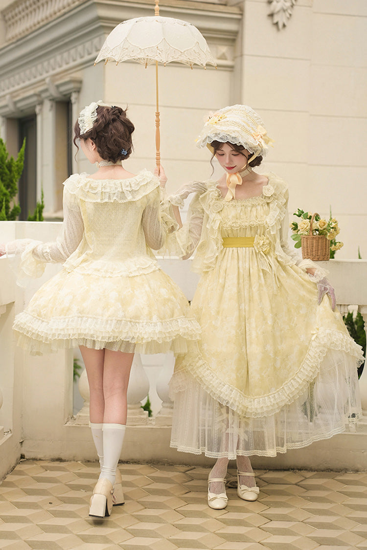 Yellow Falling Flowers as a Message Square Collar Flying Sleeves Print Ruffle Lace Sweet Elegant Lolita Short Dress