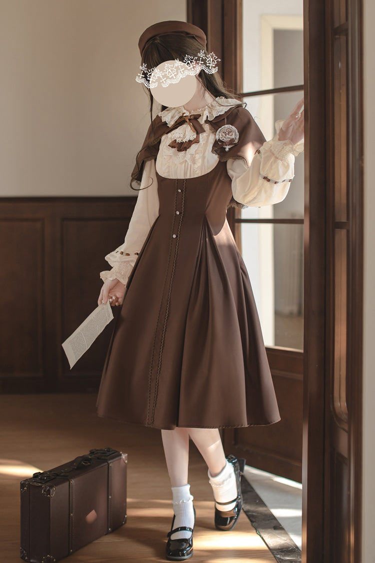 Brown/White Sunset Academy Long Sleeves Ruffle Bowknot Fake Two Pieces Vintage College Style Elegant Lolita Dress