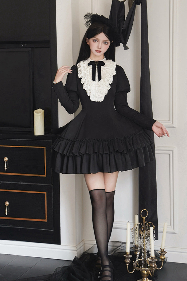 Black Miss Weir Stand Collar Long Sleeves Double-Layered Ruffle Gothic Lolita Dress
