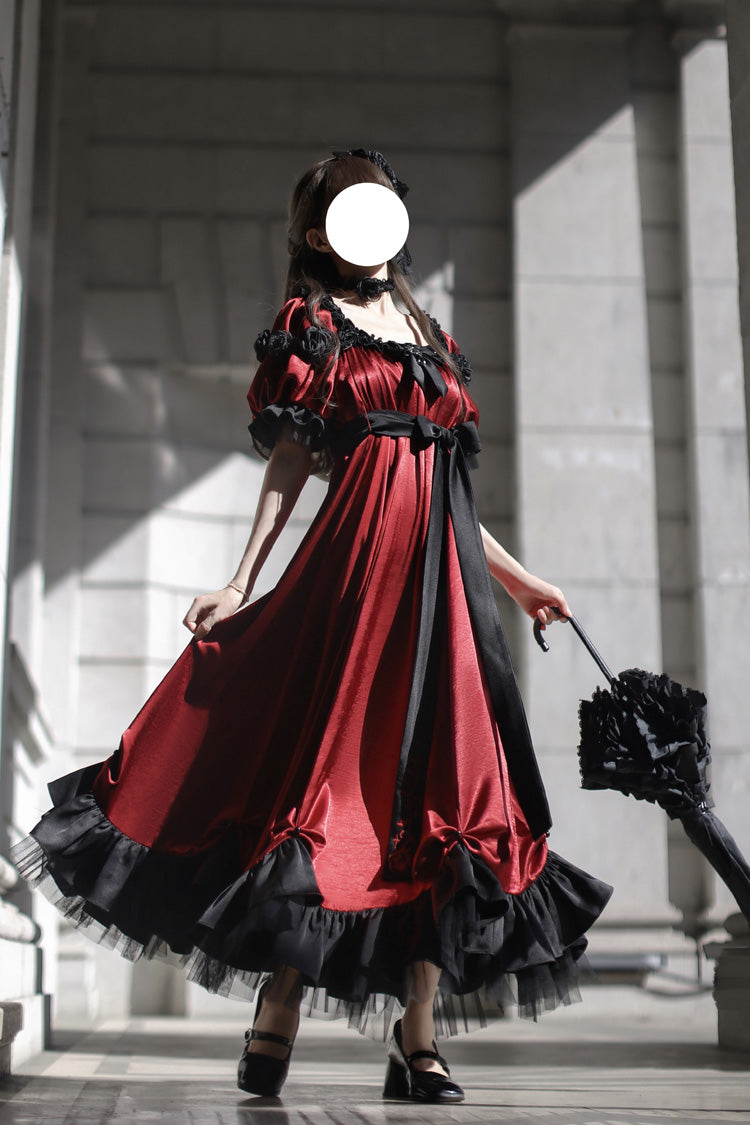 Red Square Collar Short Sleeves Ruffle Bowknot Sweet Regency-Style Vintage Lolita Dress