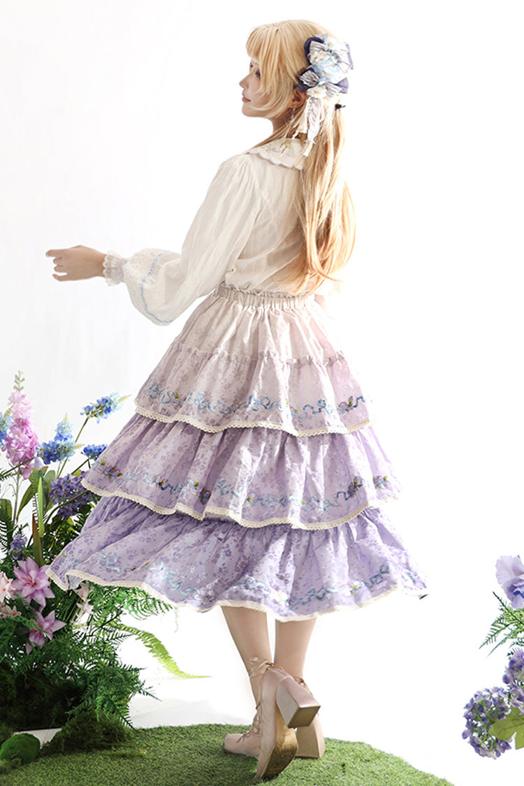Purple Moonlight Iris Triple-Layered Print Ruffle Embroidery Lace Sweet Lolita Skirt