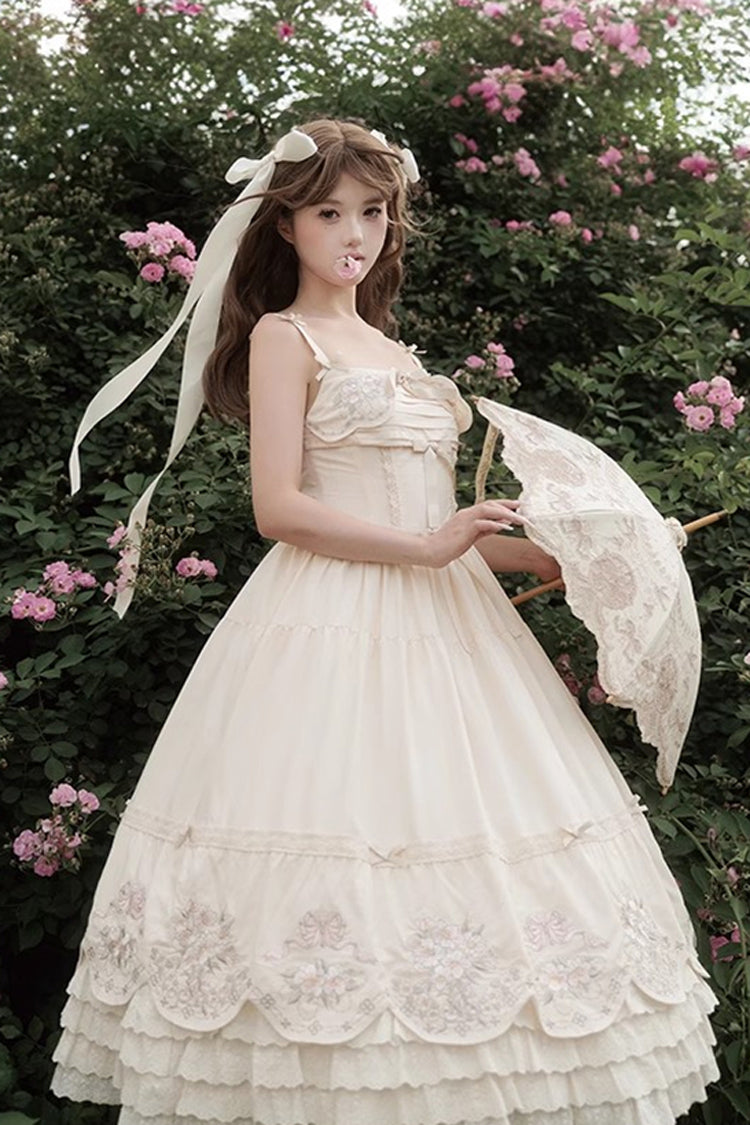 Apricot Fantasy Butterfly Triple-Layered Ruffle Embroidery Bowknot Lace Sweet Princess Lolita Jsk Dress