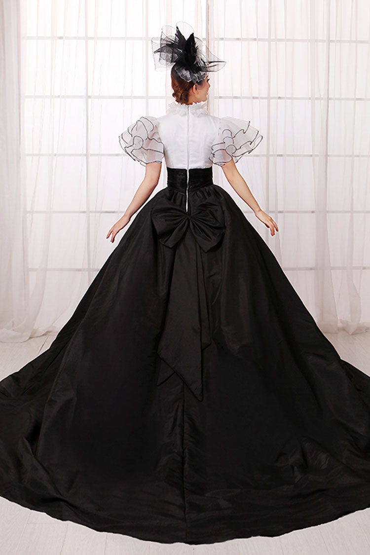 White/Black Stitching Short Sleeves High Waisted Back Zipper Bowknot Victorian Lolita Prom Dress
