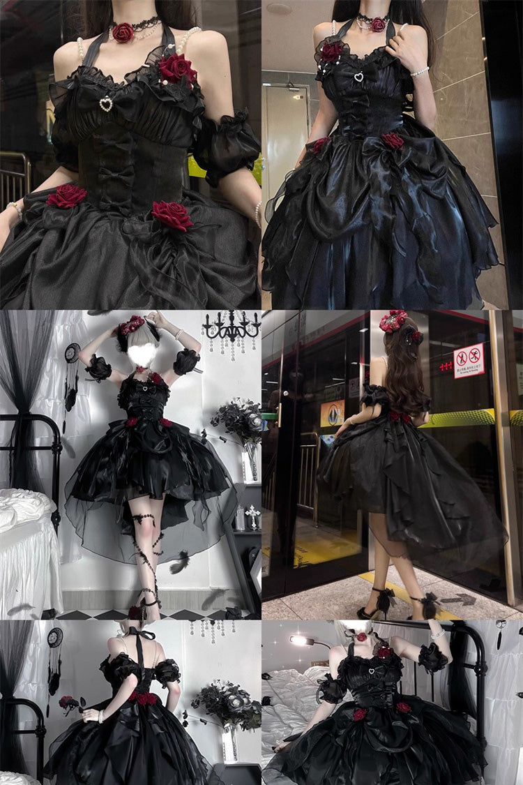 Black Cindy Rose Halterneck Sleeveless Ruffle Bowknot Gothic Elegant Lolita Jsk Dress