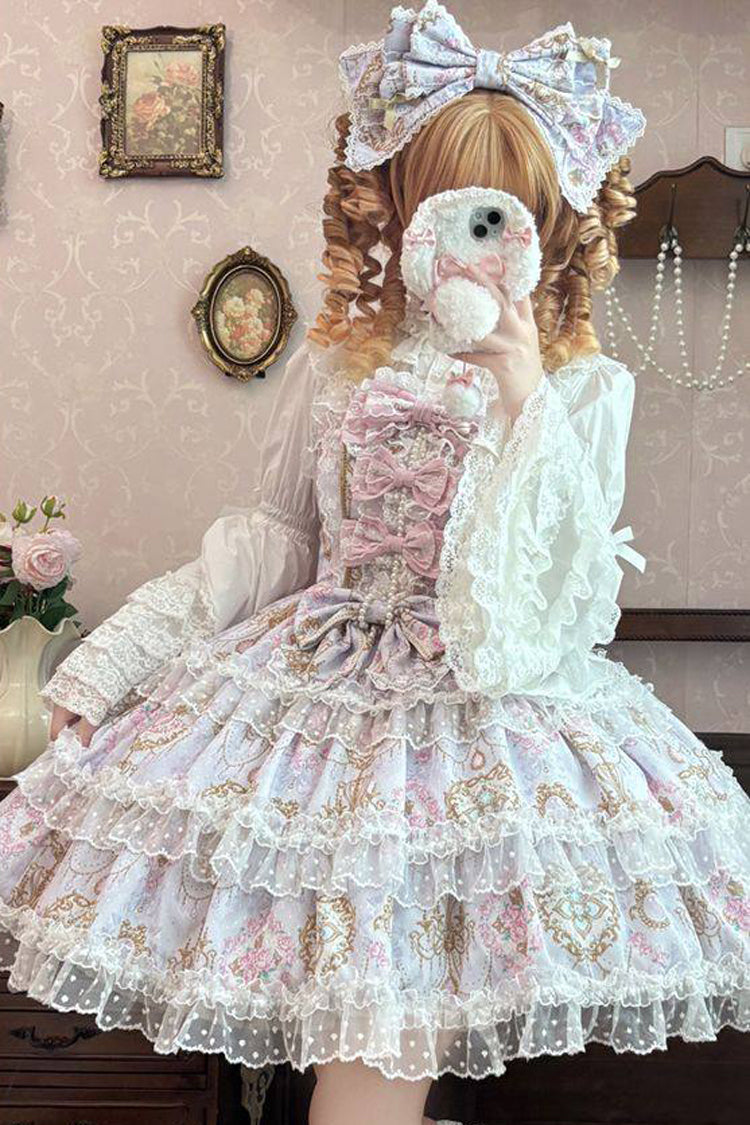 Purple Candelabrum Elegy Sleeveless Triple-Layered Flower Wall Printed Ruffled Bow Lace Sweet Lolita Jsk Dress