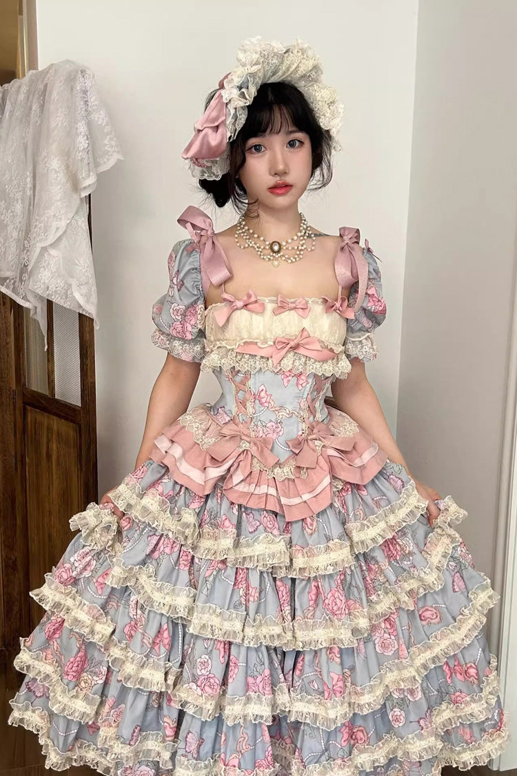 Blue/Pink Gem Rose Multi-Layered Ruffle Bowknot Lace Sweet Princess Lolita Skirt 2 Versions