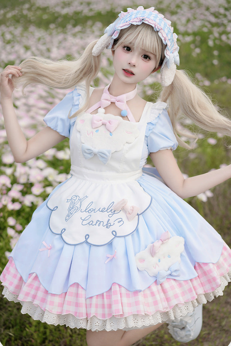 Blue/Pink Lamb Story Short Puff Sleeves Double-Layered Plaid Print Ruffle Bowknot Sweet Lolita Jsk Dress Set