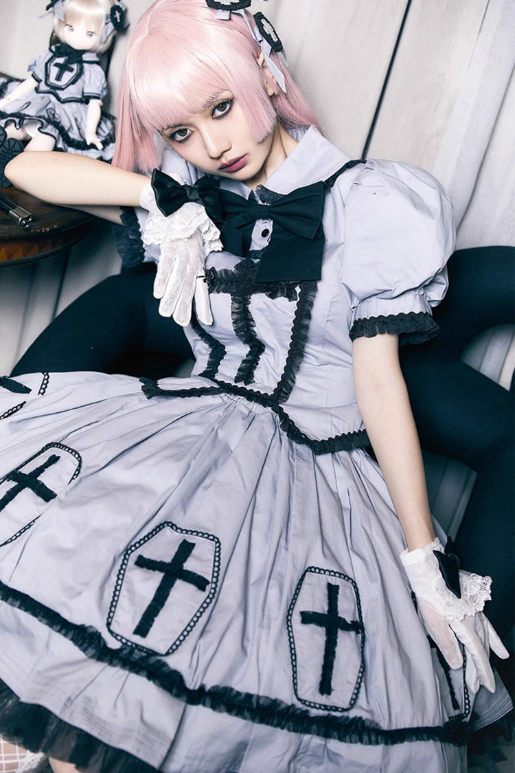 Grey Halloween Cross Short Puff Sleeves Two Pieces Gothic Lolita Dress