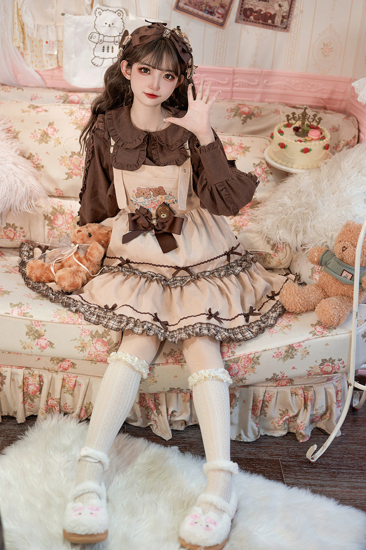 Khaki Cute Bear Embroidery Print Sleeveless Double-Layered Ruffle Bowknot Sweet Lolita Jsk Dress