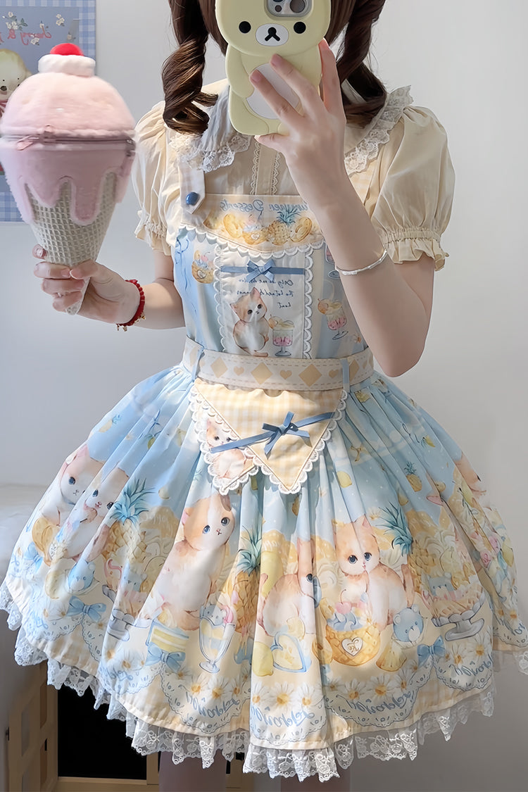 Blue Pineapple Cat Print Sleeveless Bowknot Lace Sweet Lolita Strap Dress