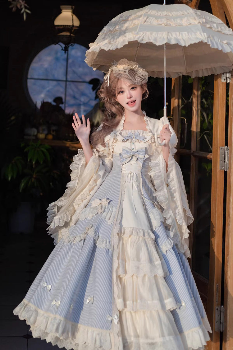 Blue Letter Paper Sleeveless Double-Layered Printed Ruffled Open-Front Bow Lace-Up Sweet Lolita Jsk Dress (Long Version)