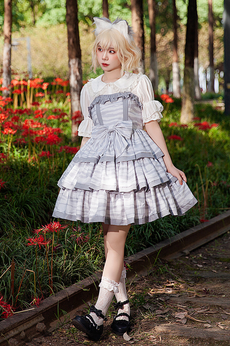 Grey Cloth Cat Triple-Layered Print Ruffle Bowknot Sweet Lolita Dress