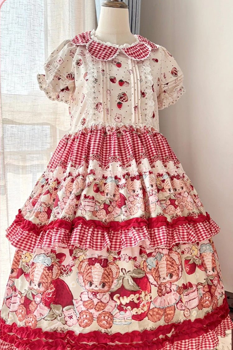 Red Bear Strawberry Ode Print Short Sleeves Double-Layered Ruffle Bowknot Sweet Princess Lolita Jsk Dress