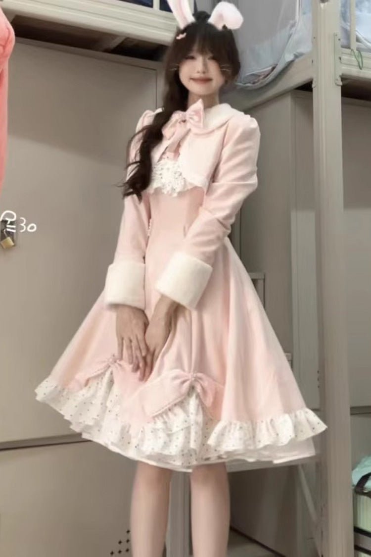 Pink Long Sleeves Ruffle Bowknot Sweet Princess Lolita Dress Coat Two-piece Set