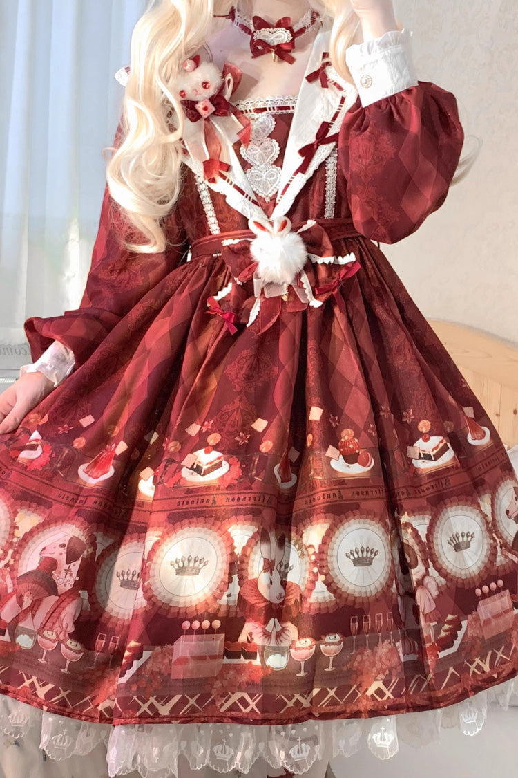 Red Afternoon Fantasia Print Ruffle Bowknot Sweet Lolita Jsk Dress
