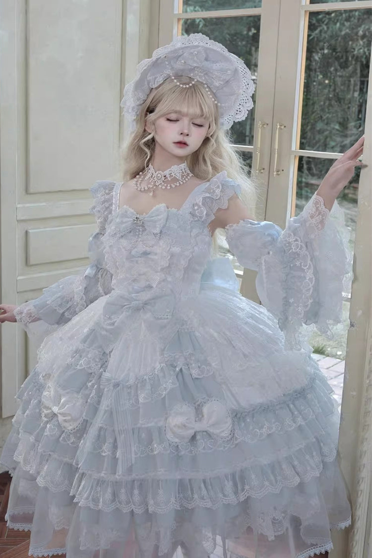 Blue Prelude of Spring Sleeveless Multi-Layered Ruffled Bow Lace Sweet Princess Lolita Jsk Dress