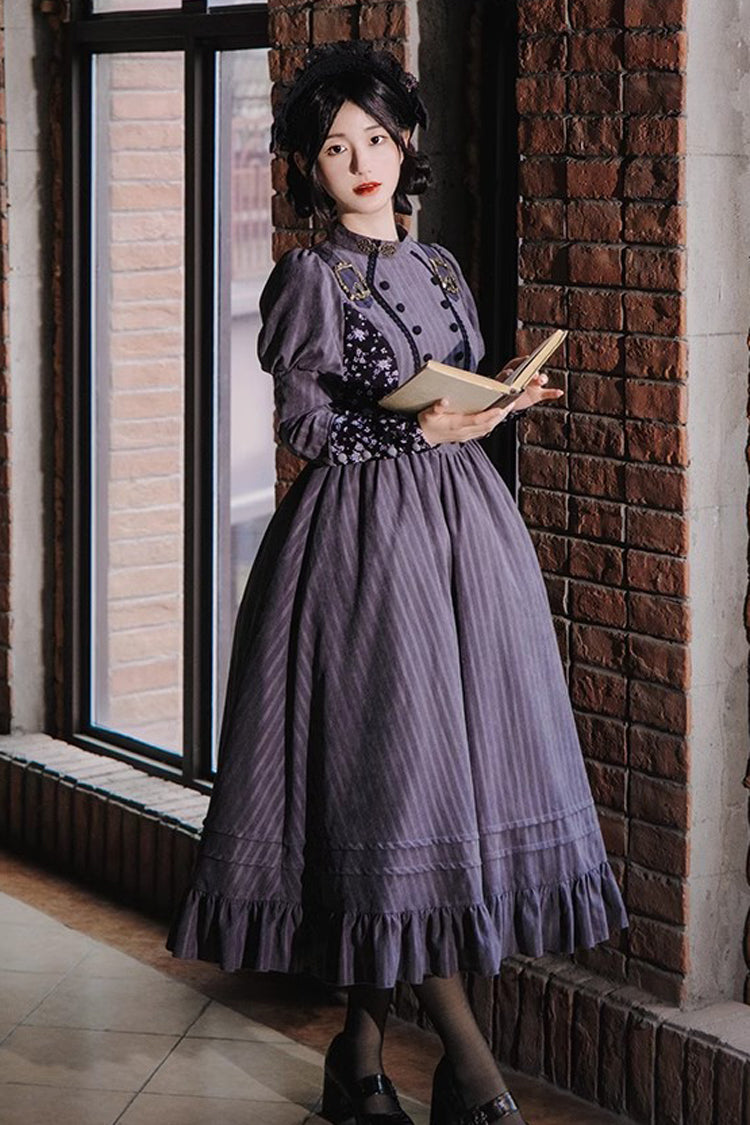 Gray Stripes Print Long Sleeves Classic Lolita Dress