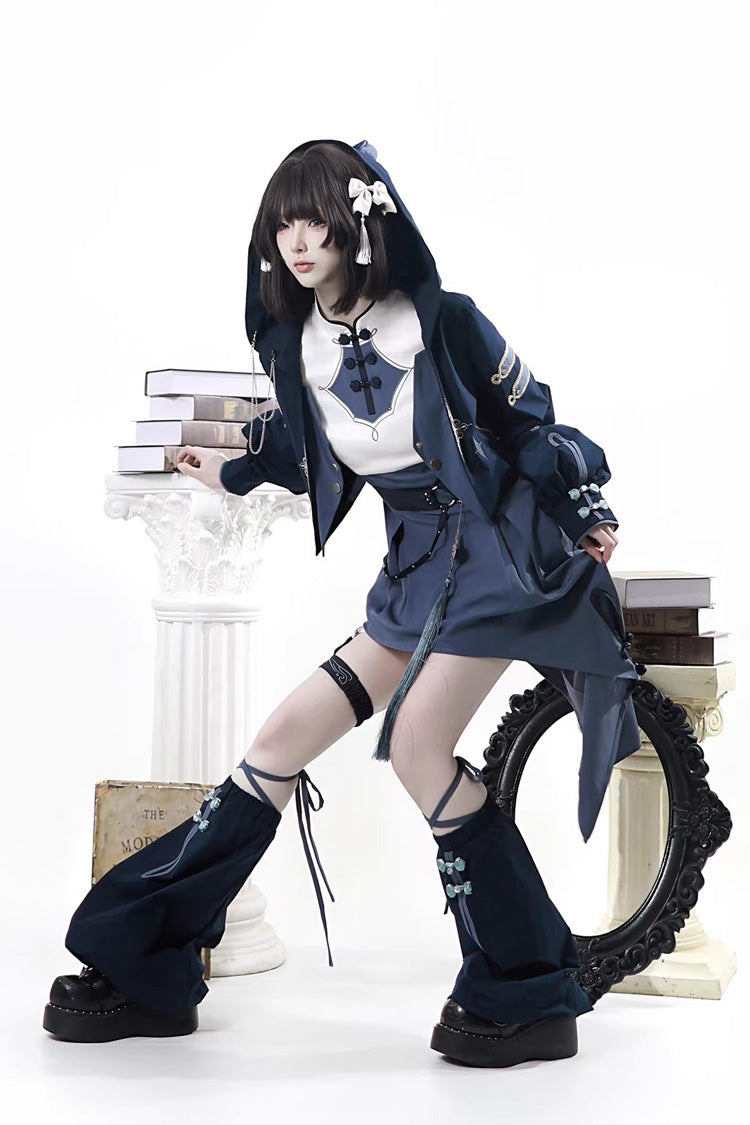 Blue Indigo Shadow Journey Stand Collar Long Sleeves Embroidered Hooded Asymmetric Punk Ouji Lolita Dress Four-Piece Set
